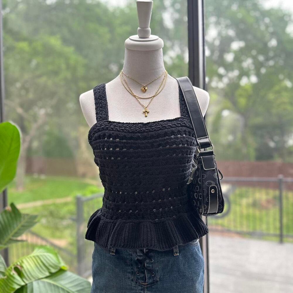 J.Crew Black Crochet Knit Tank Top Ruffle Hem